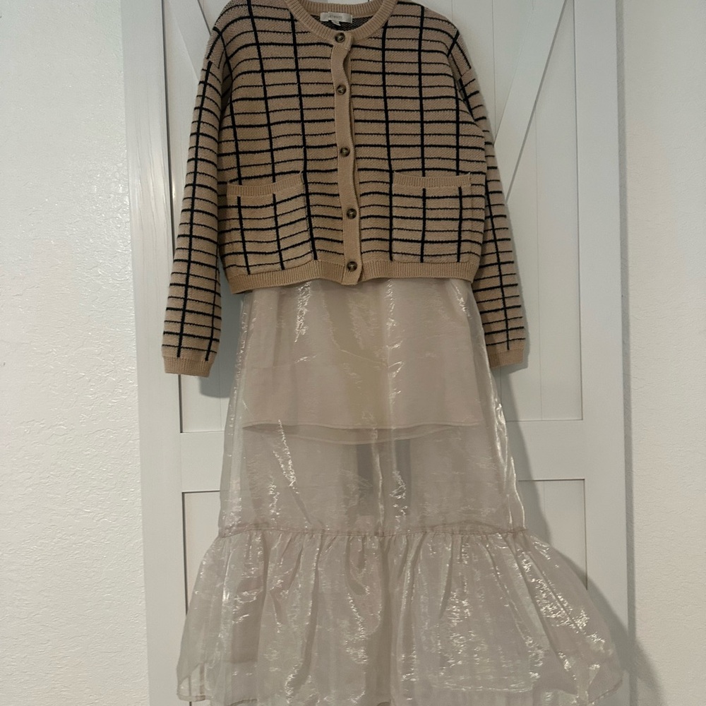 Striped Tan Cardigan and Sheer Layered Skirt Set